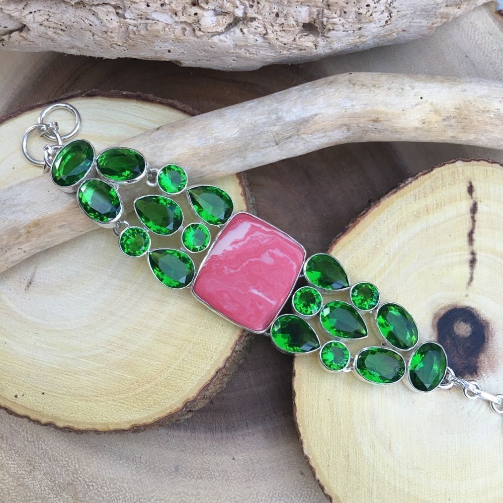 Rainbow Calsillica & Peridot Sterling Silver Toggle Bracelet